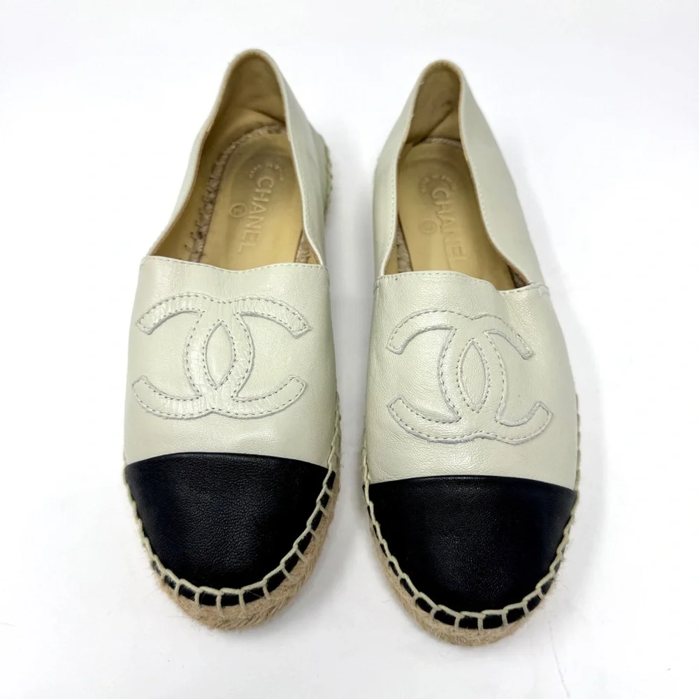 CHANEL Women's Black and Cream CC Logo Espadrilles Lambskin Leather